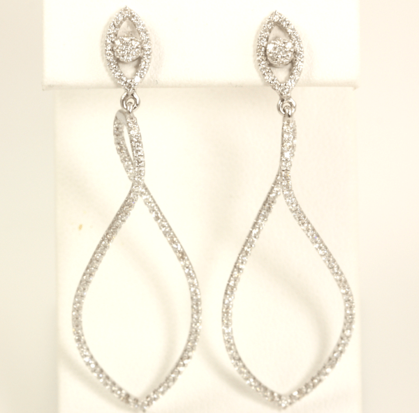 White Gold Round Diamond Post Earrings with Curved Diamond Dangles