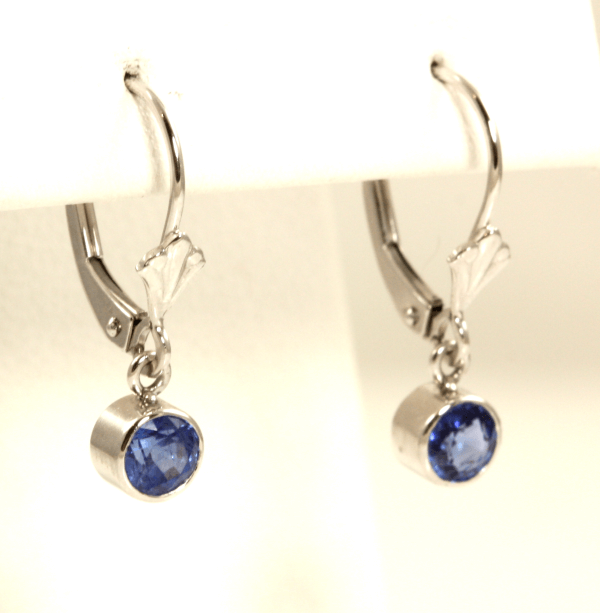 14k White Gold Bezel Set Round Sapphire Lever Back Earrings